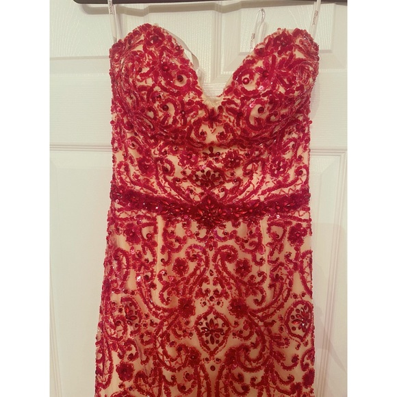 Tony Bowls Nude Prom Mermaid Gown With Red Beading (size 4) - Picture 6 of 12